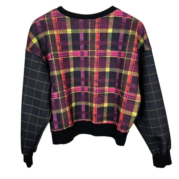 Terez As If Plaid Sweatshirt XS Black Pink Yellow Crewneck Scuba Knit Top - Picture 3 of 6